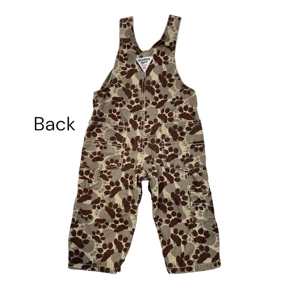 Vintage OshKosh B'gosh Paw Camo Print Overalls 12M Y2K Baby Dungarees Earth Tone